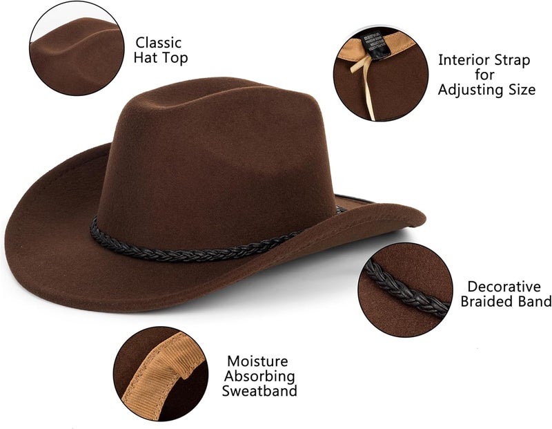Vikodah Vintage Western Cowboy Hat for Men Women - Wide Brim Cowgirl Fedora Hats with Braided Rope Band M - Image 5